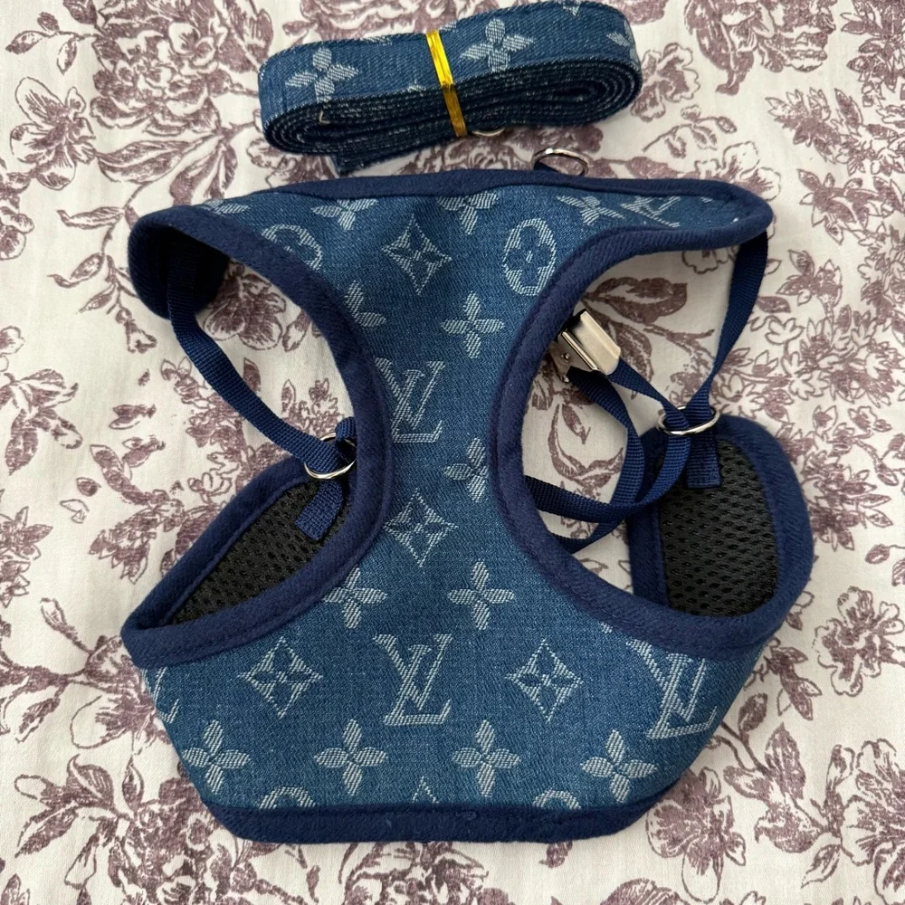 Designer-Style Blue Monogram Dog Harness and Leash Set